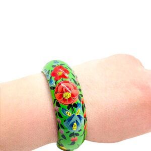 Floral Bangle Bracelet Karma Living Hand Painted Paper Mache Green Bold Fab